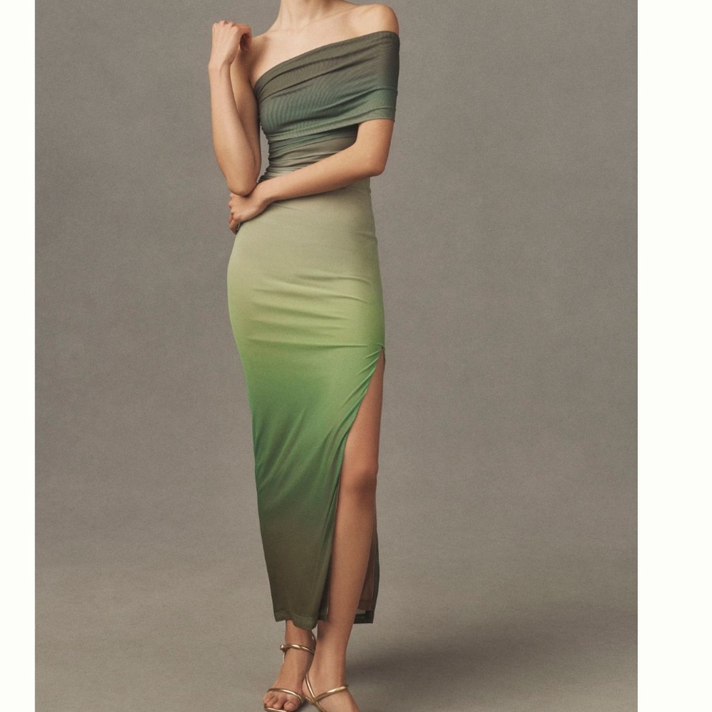 Anthropologie Olive to Forest Green Ombre Off-Shoulder Maxi Dress